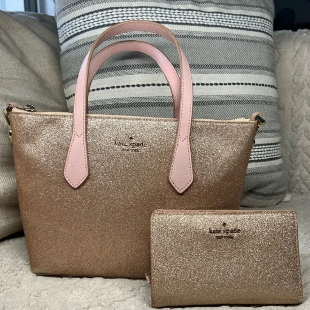 EUC Kate Spade Bundle Pink/Golden Glitter Crossbody Tote with Wallet